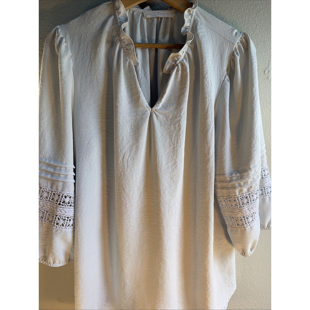 Fair Haven Womens XL White V-Neck Ruffle Blouse Crochet Eyelet Lace Puff Sleeve
